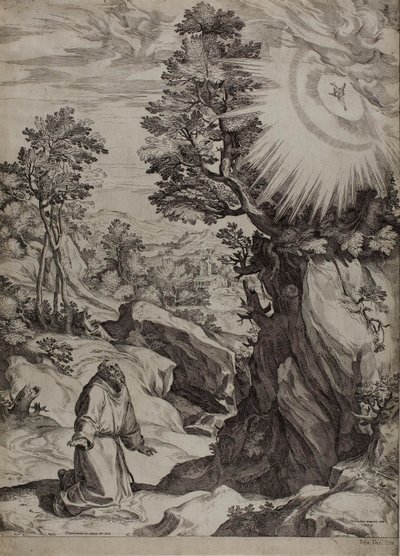 Der heilige Franziskus als Büßer in einer großen Landschaft von Cornelis Cort
