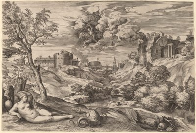 Landschaft mit Roger, der Angelica befreit von Cornelis Cort after Titian