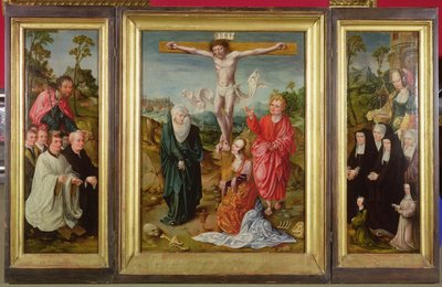 Triptychon der Kreuzigung: St. Barbara mit Stiftern (rechter Flügel); St. Jakobus der Ältere mit Stiftern (linker Flügel); Die Kreuzigung (Mitte) von Cornelis Engebrechtsz