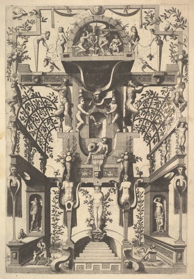 Fantastische Architekturstruktur mit Riemenwerk und zwei Pergolen und einer kleinen Szene mit Vu von Cornelis Floris Ii