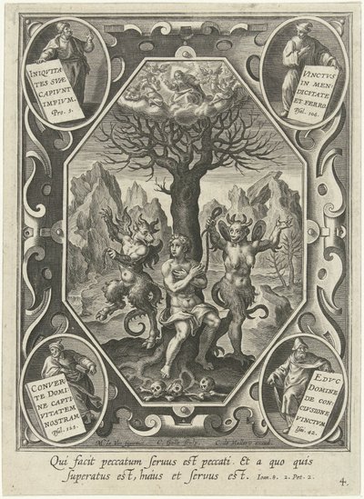 Ein junger Mann wird von zwei Teufeln an einen Baum gekettet von Cornelis Galle (I)