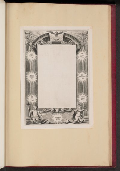 Randillustration mit zwei Putti "Scientia, Fortitvdo, Pietas, Timor-DNI, Sapientia, Intellectvs, Consilivm" von Cornelis Galle I