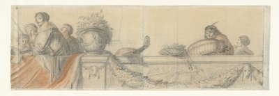 Personen auf einer Balustrade mit Girlanden von Cornelis Holsteyn
