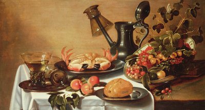 Stillleben mit Früchten und Krebs, umgestürzter Römer auf dem Ausguss eines Kruges von Cornelis Kruys