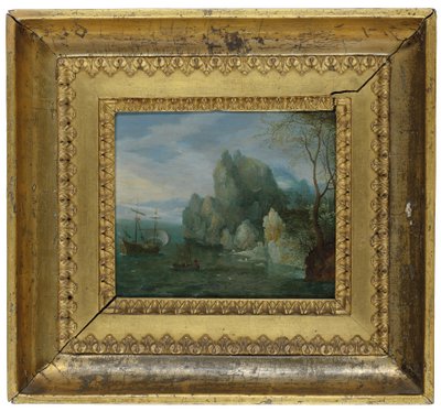 Eine felsige Küstenlandschaft mit Figuren am Ufer und einer vertäuten Galeere von Cornelis Liefrinck