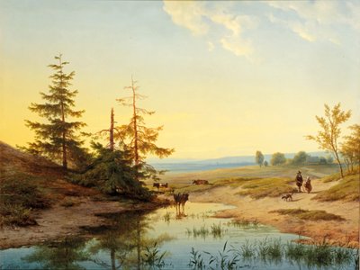 Eine Moorlandschaft mit Figuren und Vieh an einem Teich von Cornelis Lieste