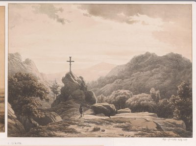 Berglandschaft mit Kreuz auf einem Felsen von Cornelis Lieste