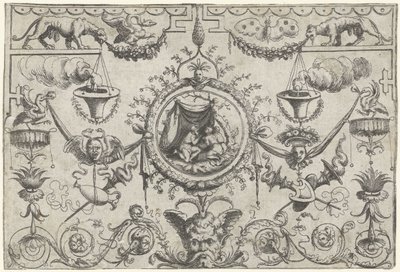Ornament mit drei Figuren, die unter einem Tuch knien von Cornelis Massijs (attributed to)