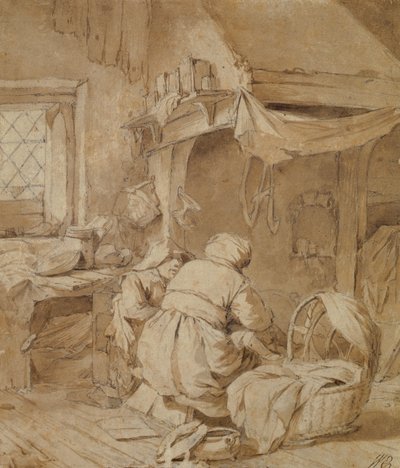 Bauernstube mit Bauer, Wiege und Kind, um 1654 von Cornelis Pietersz Bega