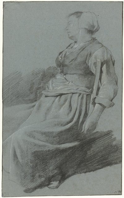 Sitzende Frau, nach links gewandt und mit einer Mütze, den Arm über die Rückenlehne eines Stuhls gelegt von Cornelis Pietersz. Bega