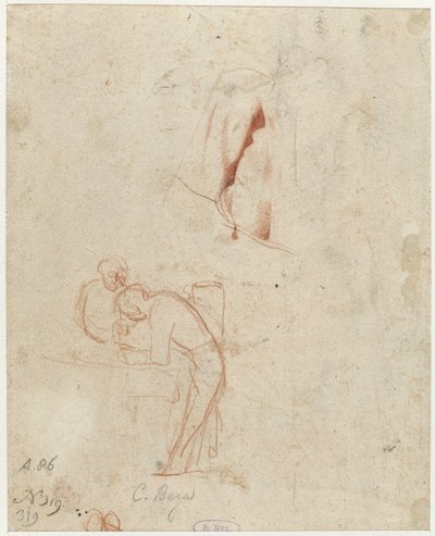 Skizze von zwei stehenden Figuren und einer Draperiestudie von Cornelis Pietersz. Bega