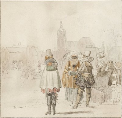 Elegante Gesellschaft auf dem Eis von Cornelis Ploos van Amstel (signed by artist)