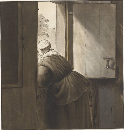 Frau, die sich über eine Halbtür lehnt von Cornelis Ploos van Amstel (signed by artist)