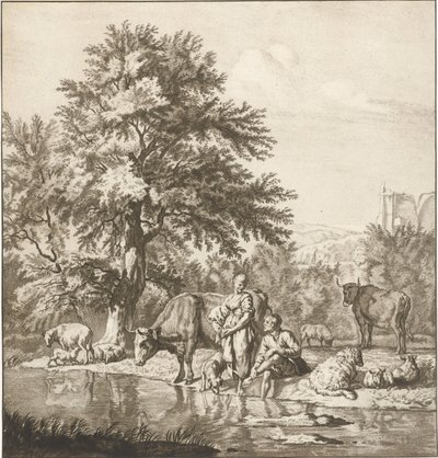 Hirte und Hirtin mit Herde an einem Fluss von Cornelis Ploos van Amstel