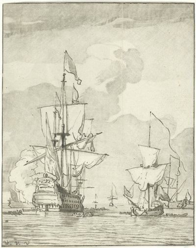 Kriegsschiff feuert einen Schuss ab von Cornelis Ploos van Amstel