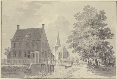 Haus mit Wassergraben und Steg, hinten die Kirche, rechts ein Baum, unter dem ein Wagen und mehrere Figuren stehen von Cornelis Pronk