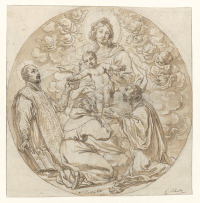 Maria mit Kind, verehrt von H. Ignatius von Loyola, H. Franz Xaver und heiligem Mönch von Cornelis Schut (I)