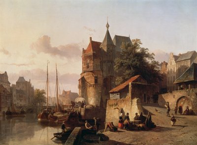 Niederländische Szene: Befestigte Gebäude an den Ufern eines Kanals von Cornelis Springer