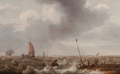 Schiffe in stürmischer See entlang der Küste mit einem Steg, Leuchtfeuer und einer Stadt in der Ferne, ca. 1600-55 von Cornelis Stooter