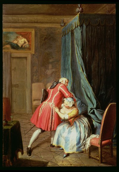 Innenansicht eines Schlafzimmers mit einem turtelnden Paar von Cornelis Troost