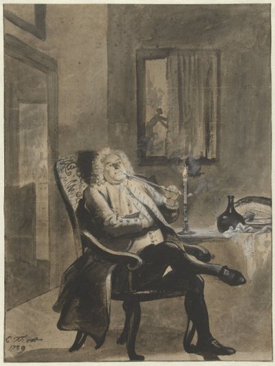 Sitzender Mann, der bei Kerzenlicht eine Pfeife raucht, während draußen Häuser brennen von Cornelis Troost