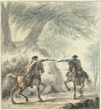 Zwei Reiter, die sich auf einem Waldweg treffen und aufeinander schießen von Cornelis Troost