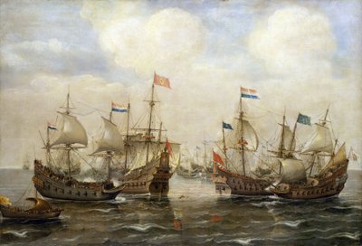 Ein Zusammenstoß zwischen den Spaniern und den Niederländern, um 1630, jedes Boot hat seine Flagge, und links trägt ein Boot die Flagge der niederländischen Generalstaaten von Cornelis Verbeeck