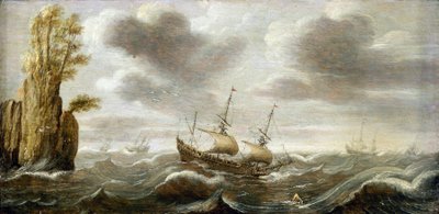 Niederländisches Boot auf stürmischer See, das sich von einem Felsen dreht, mit Vegetation auf dem Gipfel, andere Boote am Horizont von Cornelis Verbeeck