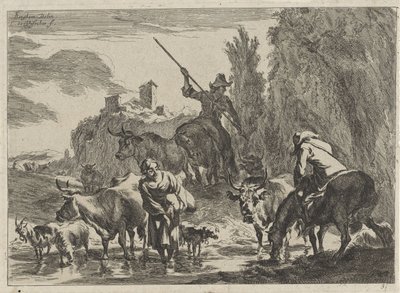 Hirten mit Vieh durchwaten einen Bach (Landschaften) von Cornelis Visscher (II)