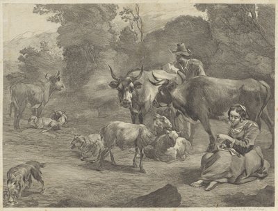 Landschaft mit einem Hirten und einer nähenden Hirtin von Cornelis Visscher (II)