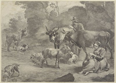 Landschaft mit einem Hirten und einer nähenden Hirtin von Cornelis Visscher (II)