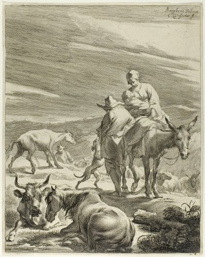 Eine Mutter und ein gewickeltes Kind reiten auf einem Esel, Platte 4 aus Vier Landschaften von Cornelis Visscher