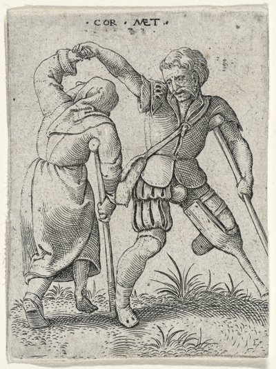 Ein Mann mit Holzbein dreht eine lahme Frau unter seinem Arm, 1572 von Cornelis after Massys