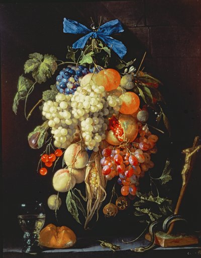 Blumenstrauß mit eucharistischen Symbolen auf einer Kante darunter von Cornelis de Heem