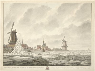 Ansicht des Eisaufbruchs an der Brustwehr hinter der Runmolen in Gorinchem, den 20. Februar 1799 von Cornelis de Jonker