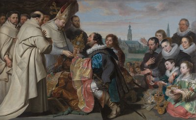 Die Rückgabe der Kirchenschätze an den Heiligen Norbert nach der Niederlage des Ketzers Tankelin, mit einem Porträt der Familie Snoeck von Cornelis de Vos