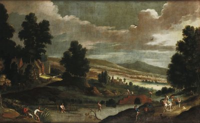 Landschaft mit Wanderern und Fischern von Cornelis de Wael