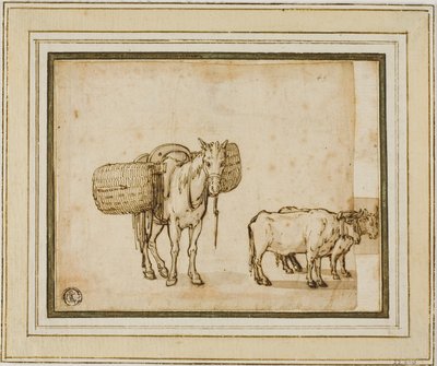 Zwei Skizzen: Maultier mit Körben, Paar von Jochochsen von Cornelis de Wael