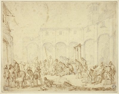 Verwundete Soldaten in einem Hof auf dem Stadtplatz von Cornelis de Wael