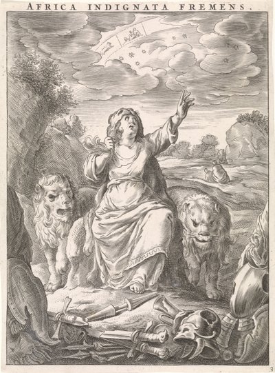 Weibliche Personifikation des Kontinents Afrika als Frau mit Löwenfell zwischen Löwen sitzend von Cornelis van Dalen (II)