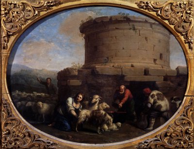 Hirten, Herden und Bauern an einem Brunnen in Rom von Cornelis van Poelenburgh