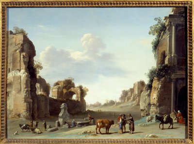 Fantastische Ansicht von Campo Vaccino in Rom mit zwei Eseln. Gemälde von Cornelis van Poelenburgh (1596-1667) von Cornelis van Poelenburgh or Poelenburch