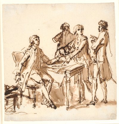Vier Männer an einem Tisch diskutieren ein Projekt. von Cornelius Høyer