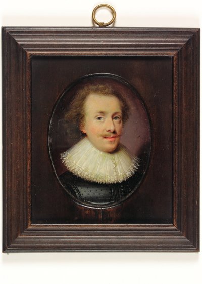 Ein Herr in schwarzem gemustertem Wams mit fallendem Spitzenkragen von Cornelius I (attr.to) Johnson