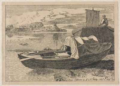Boote auf einem Fluss, Windmühle in der Ferne, 1809 von Cornelius Varley