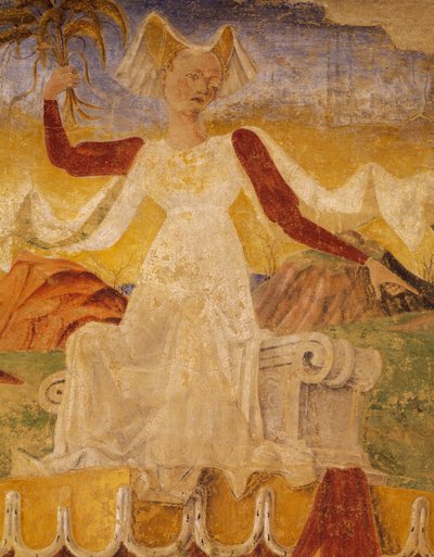 Ceres mit Ähren in den Händen, Detail aus Triumph der Ceres, Szene aus dem Monat August, um 1470, zugeschrieben Cosimo Tura und Meister von Ercole, Fresko, Nordwand, Halle der Monate, Palazzo Schifanoia, Ferrara, Emilia-Romagna, Italien von Cosimo (attr. to) Tura