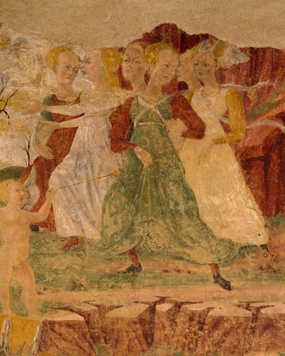 Verzweiflung der Mägde von Proserpina, Detail aus Triumph der Ceres, Szene aus dem Monat August, zugeschrieben Cosimo Tura und Meister von Ercole, Fresko, Nordwand, Halle der Monate, Palazzo Schifanoia, Ferrara, Italien, um 1470 von Cosimo (attr. to) Tura