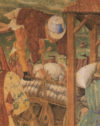 Kaufmann bei der Arbeit, Detail aus Triumph der Ceres, Szene aus dem Monat August, zugeschrieben Cosimo Tura von Cosimo (attr. to) Tura