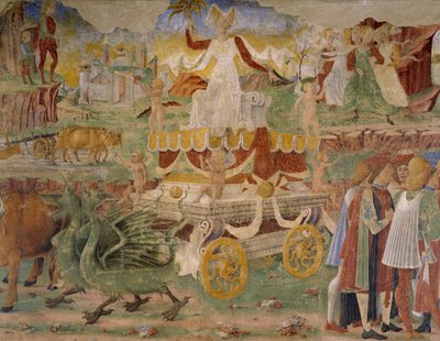 Triumph der Ceres, Szene aus dem Monat August, zugeschrieben Cosimo Tura und Meister von Ercole, Fresko, Nordwand, Halle der Monate, Palazzo Schifanoia, Detail, Italien, um 1470 von Cosimo (attr. to) Tura