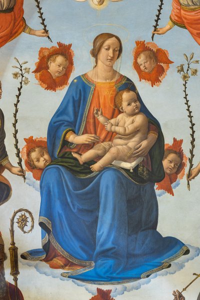 Madonna mit Kind in Herrlichkeit, Heiliger Ambrosius, Heiliger Franz von Assisi, Gottvater und Engel, Altarbild, Detail (Fresko) von Cosimo Rosselli